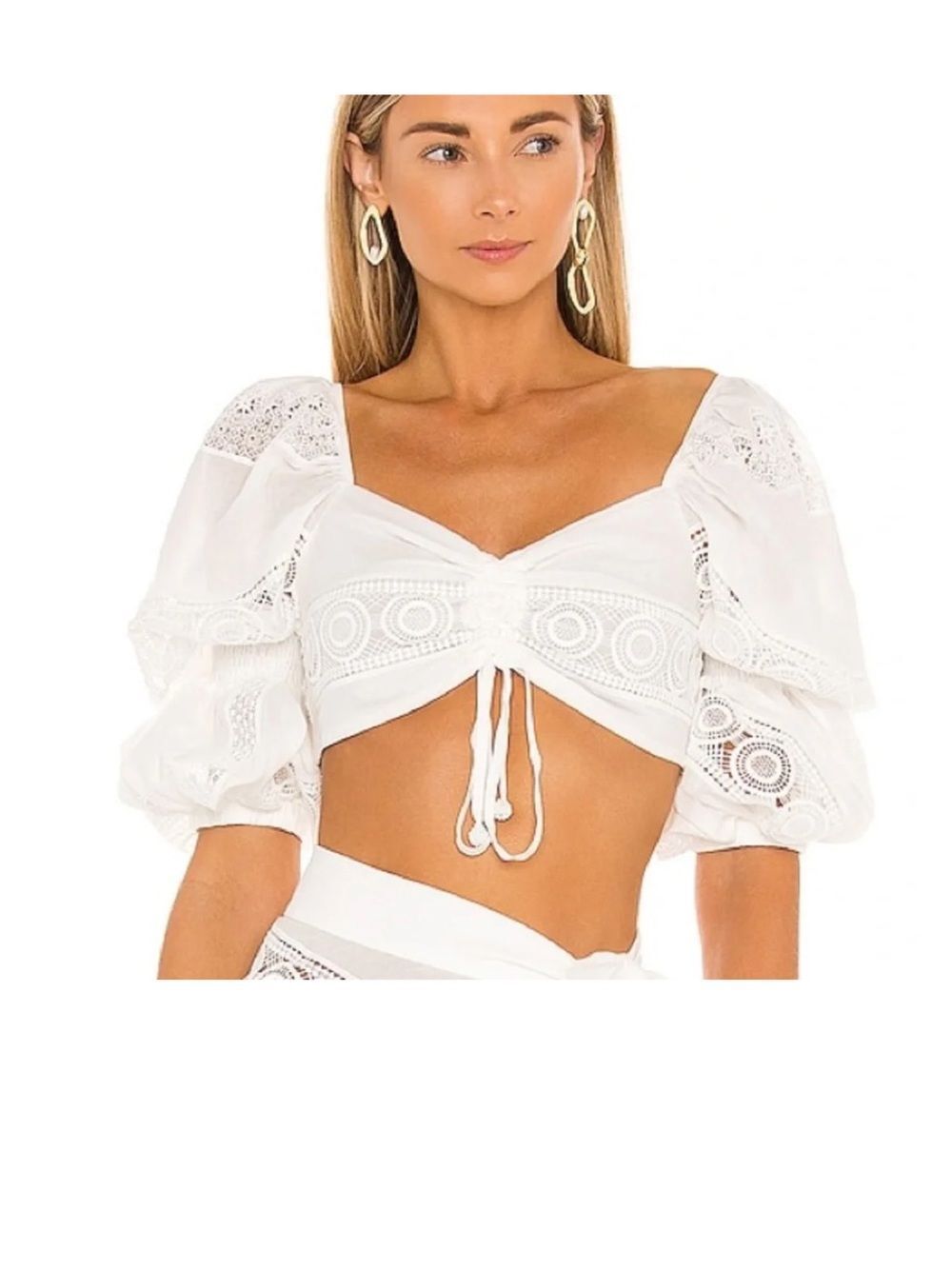 Waimari White Eyelet Puff-Sleeve Drawstring Crop Top, L